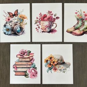 Floral Objects Themed Textured Cardstock Art Print - Set of 5
